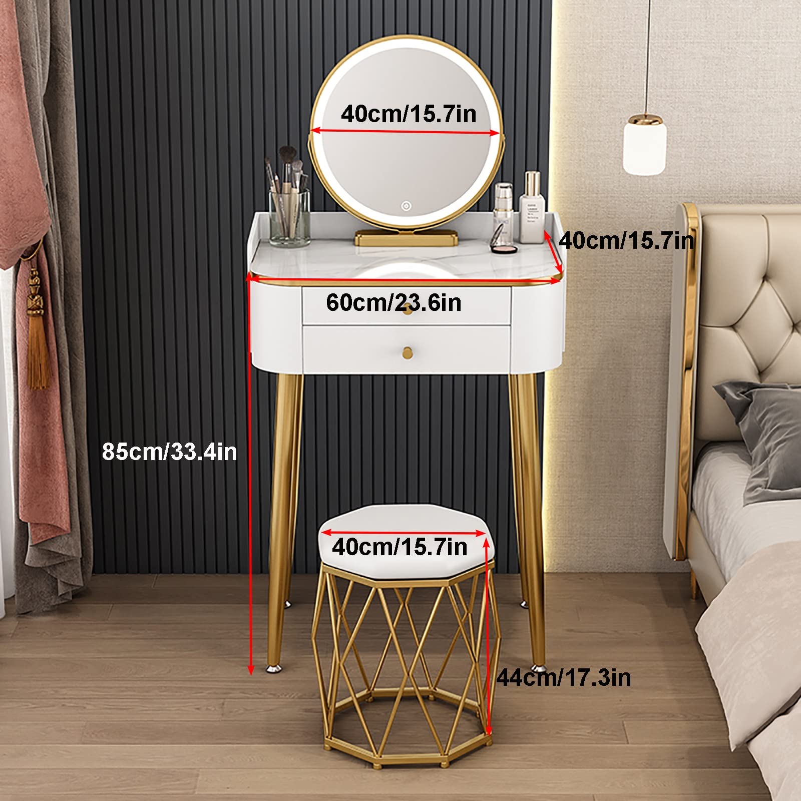Cact - Tavolo da trucco a LED con specchio illuminato, mini tavolo da toeletta per piccole camere da letto, 40 cm, design t per gli amanti del trucco