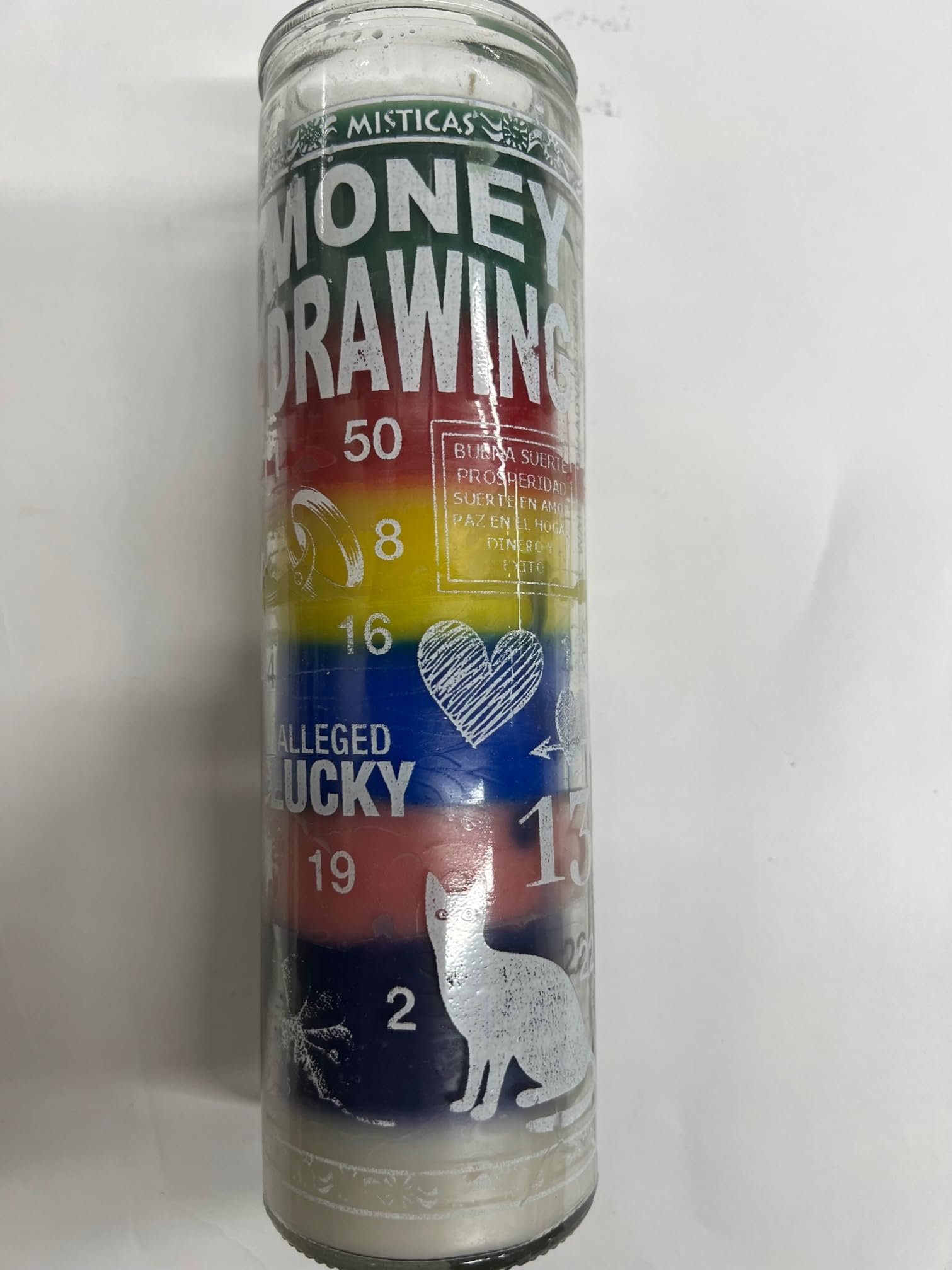 Money Drawing (Ven Dinero) Unscented 7 Color Pillar Candle in Glass