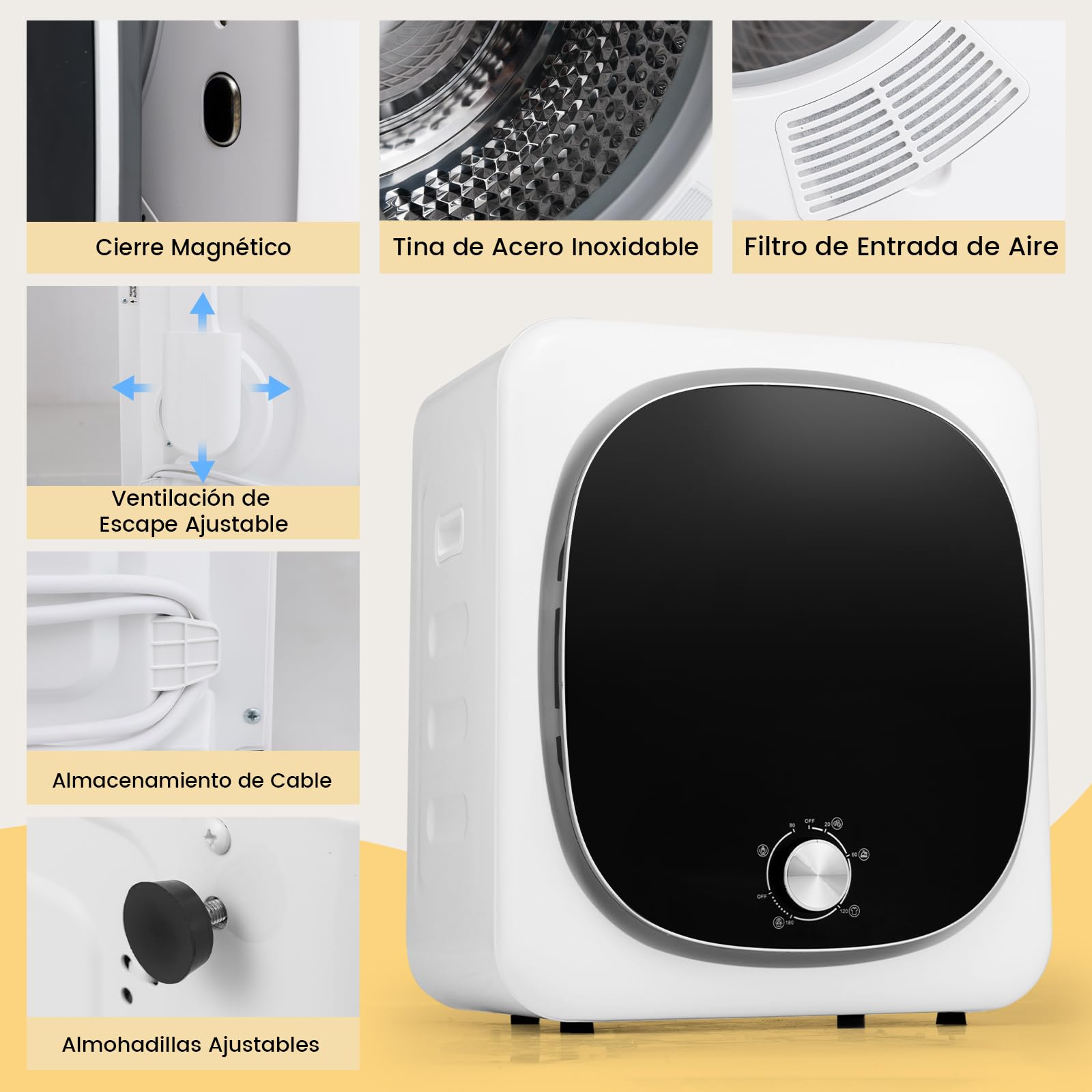 COSTWAY 2.5kg Secadora de Ropa Portátil, 800W Secadora Compacta con Tambor de Acero Inoxidable (Control con Perilla)