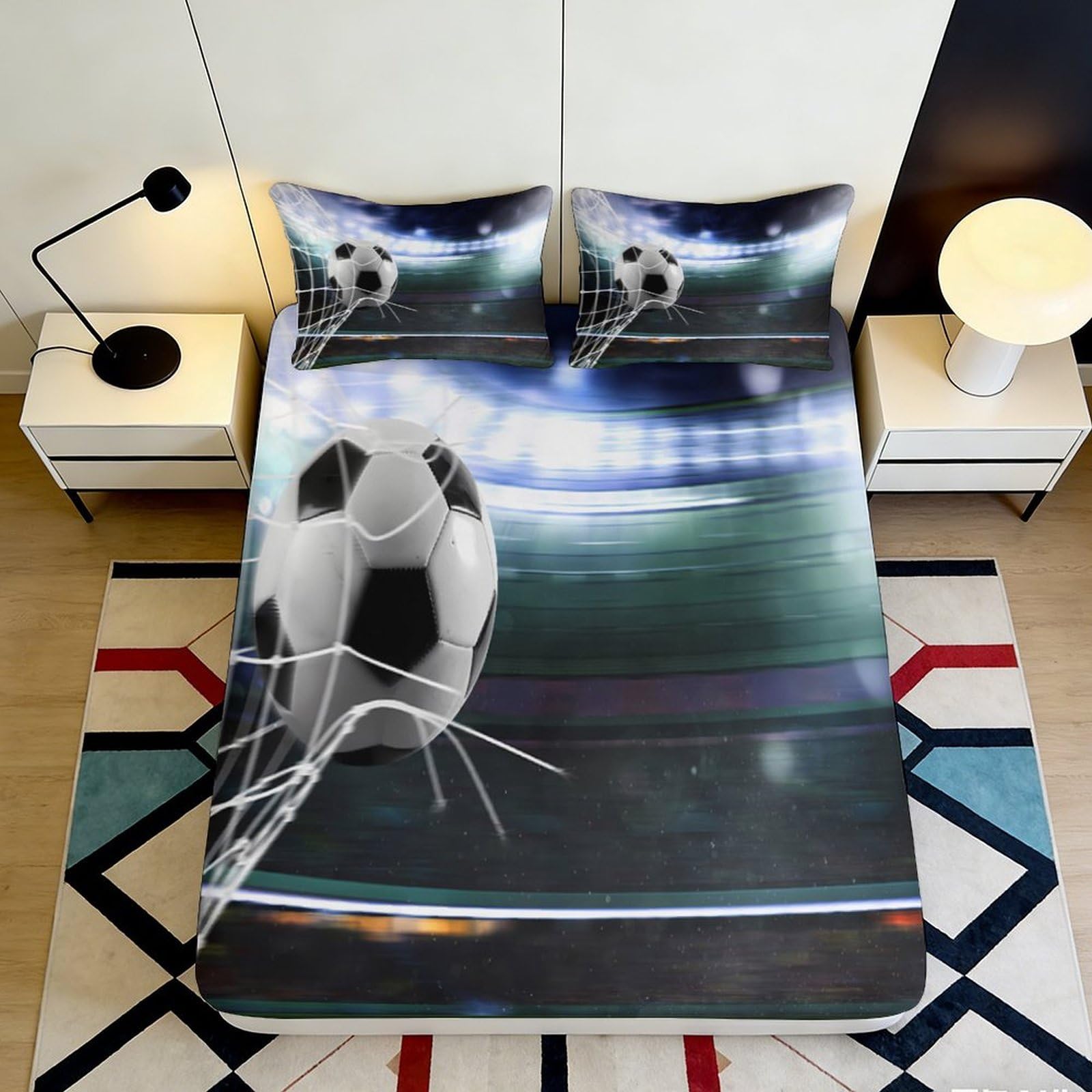 Pnayamiorkfel Style-2 3D Printed Football Stadium Fitted Sheet Microfiber Anti-Slip Bed Cover For Bedroom Guest Room Easy Care Decor 90X200x25cm