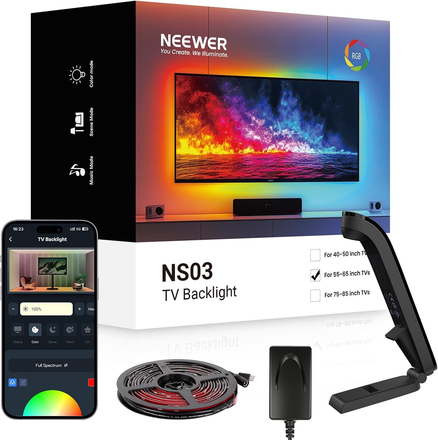 NEEWER BASICS podświetlenie LED do telewizora 55"-65", pasek LED RGB 3,6 m, z czujnikiem zmiany biegów z telewizorem, zaprogramowane włączanie/wyłączanie, zerowe opóźnienie koloru, muzyka