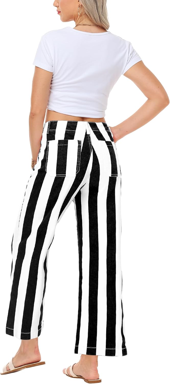 Women Striped Jeans Stretchy Cropped Vertical Denim Pants with Pockets - Image 7