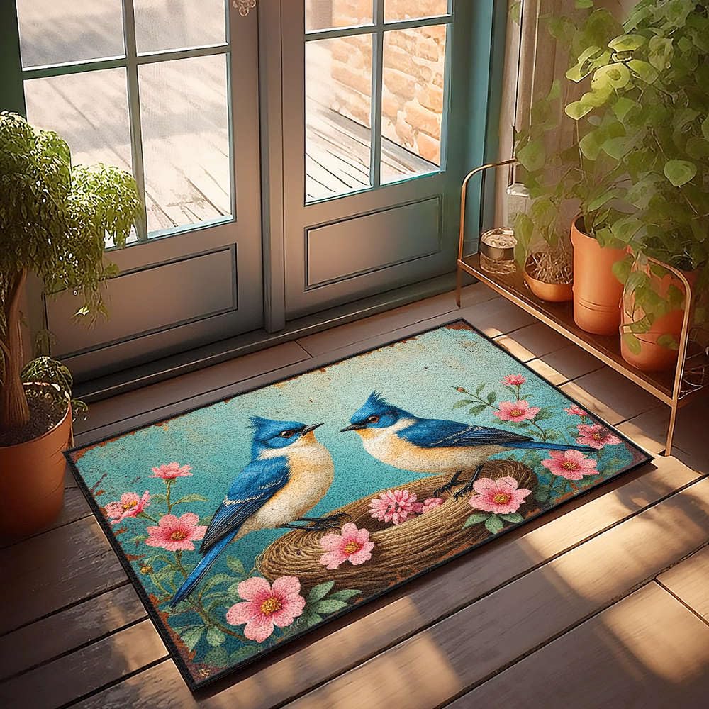 Tapis de porte d'automne décoratif 65 x 90 cm avec oiseaux et fleurs roses