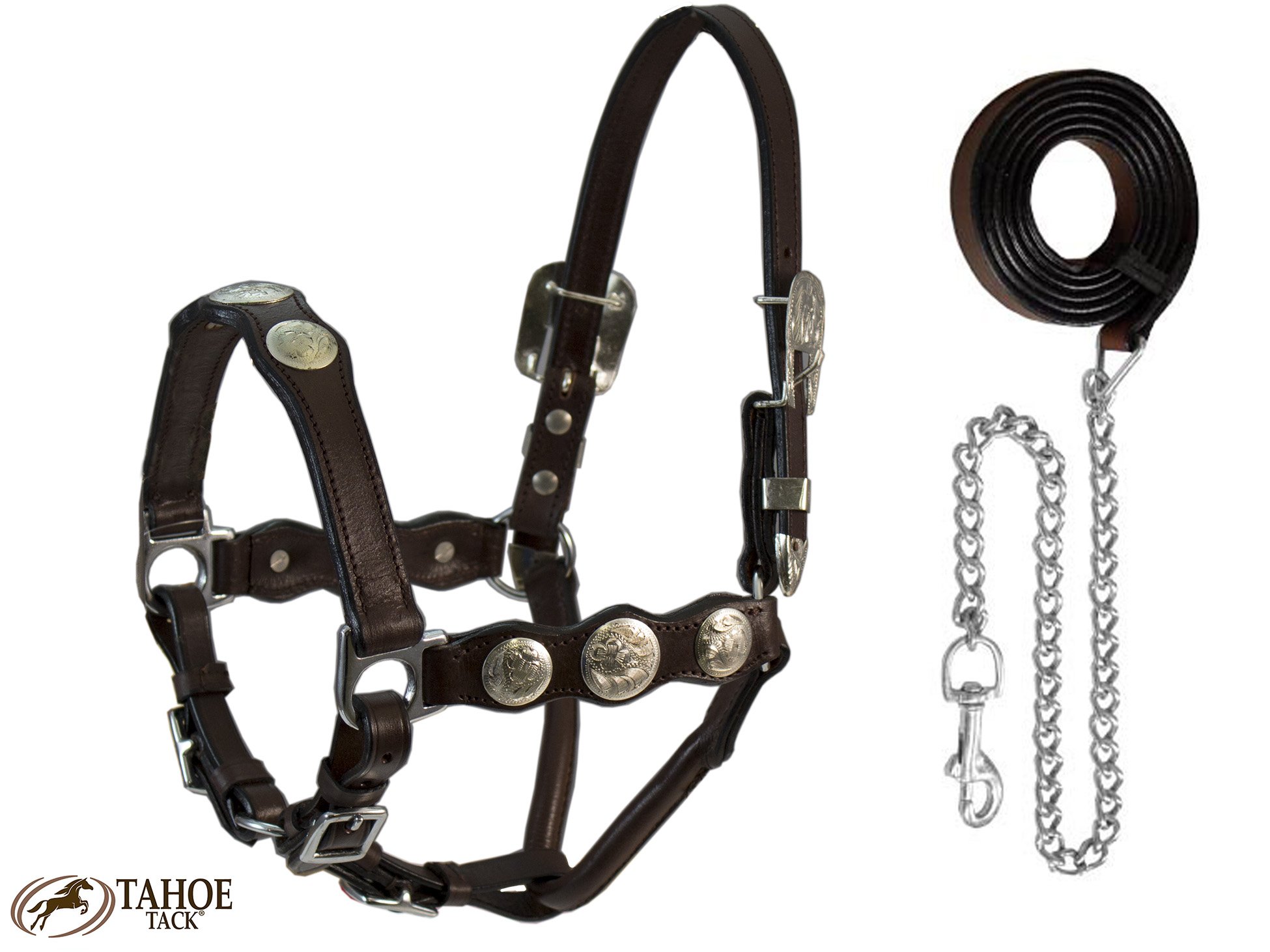 Tahoe Tack Silverado Series Silver Concho Western Horse Show Halters with Matching 82” Leather Chain Leads