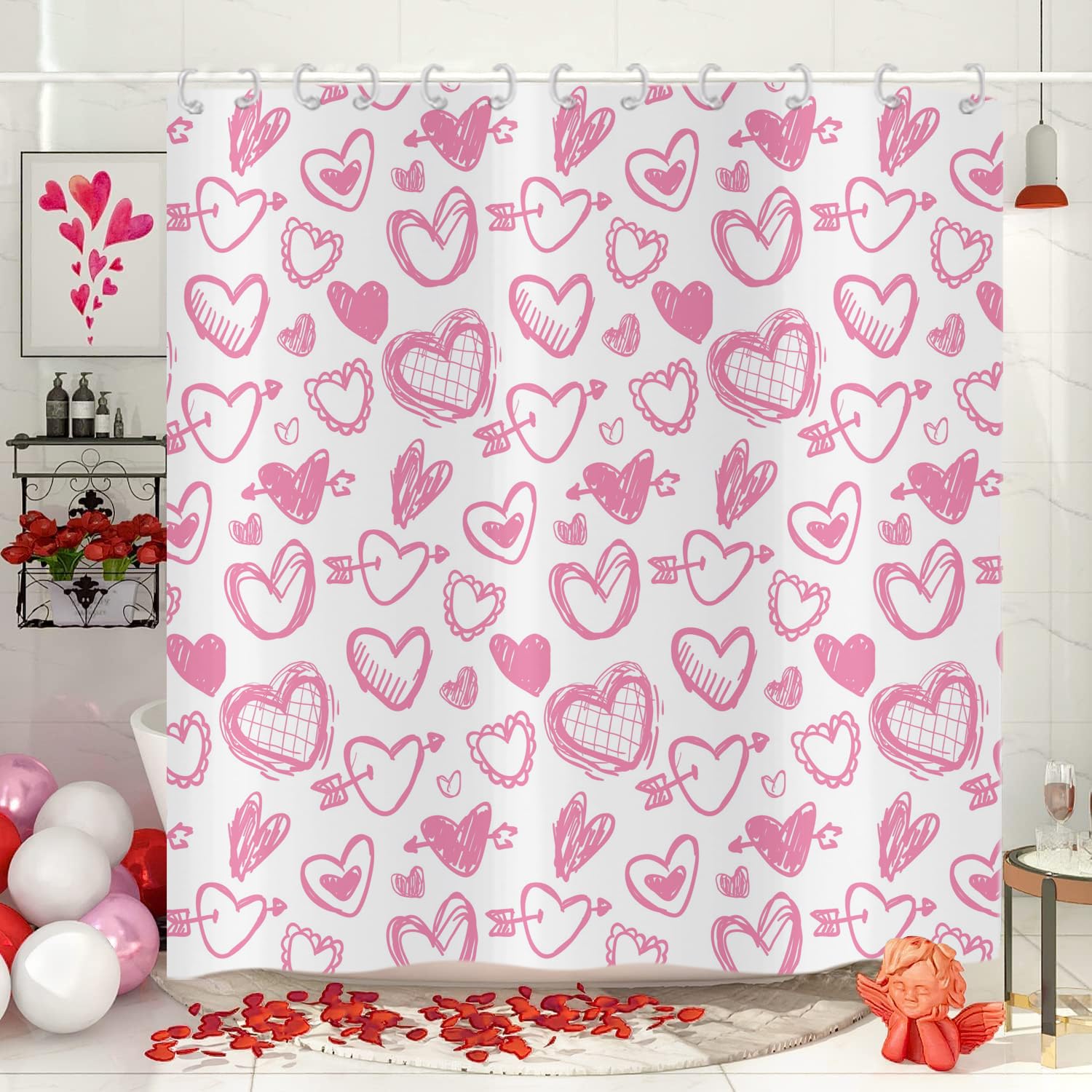 Hnmdmyi Valentine's Day Shower Curtain 200x180, Pink Love Hearts Bathroom Shower Curtains Waterproof Polyester Fabric Washable Wet Room Bath Curtains with Hooks