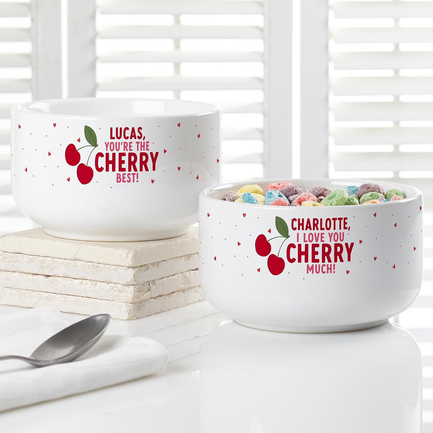 Personalization Universe Sweet Cherries Personalized 14 oz. Cereal Bowl, Customizable with Names - Chip-Resistant & Dishwasher Safe, Microwave Safe Ice Cream/Snack Bowl, Valentine's Day Gift
