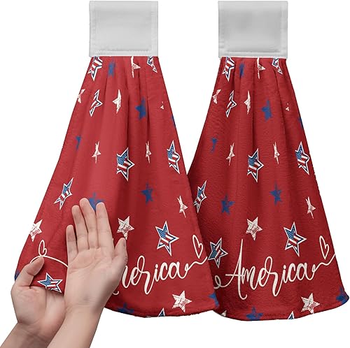 Miniatura 29 de America Stars - Juego de 2 toallas de cocina azules con lazo para colgar, patrióticas para colgar el 4 de julio, juego de 2 toallas de mano