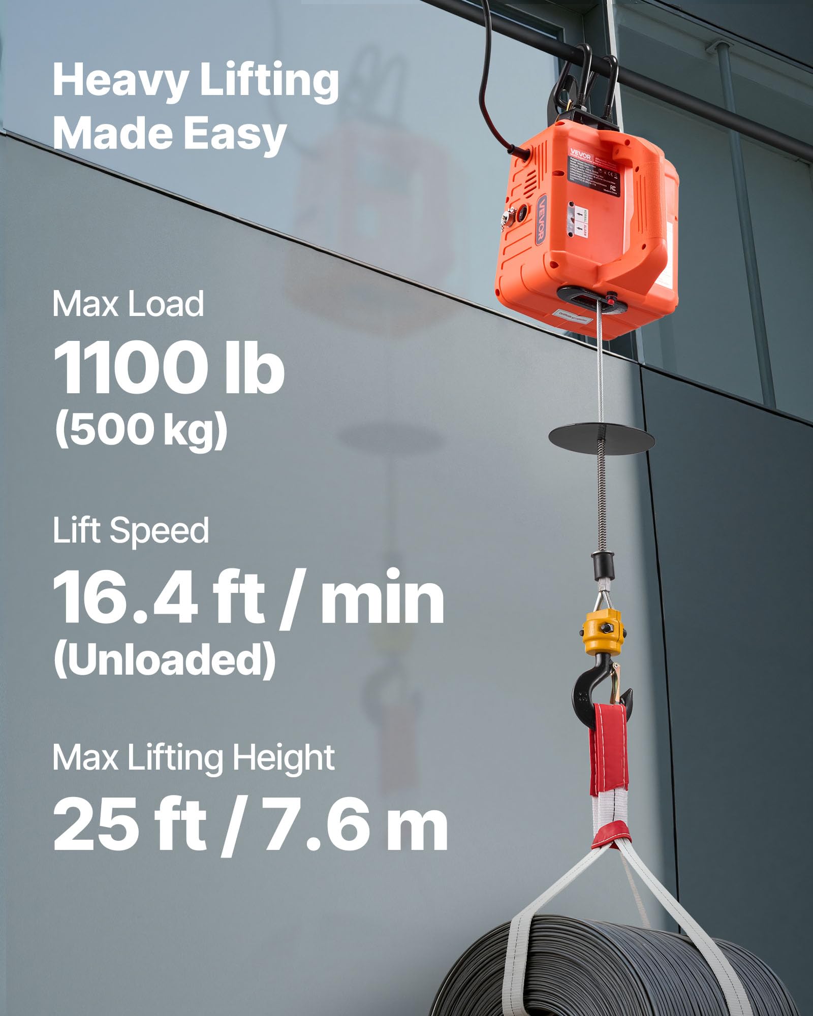 VEVOR Elektrische Seilwinde 500 kg Tragkraft 1500 W 7,6 m Hubhöhe 5 m/min 3-in-1 Elektro-Hebezeug mit Fernbedienung