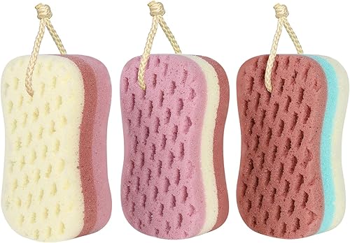 KECUCO 3 esponjas de baño para mujeres, hombres y niños, esponja de lufa corporal esponja de ducha para lavado corporal, 3 colores y accesorios de