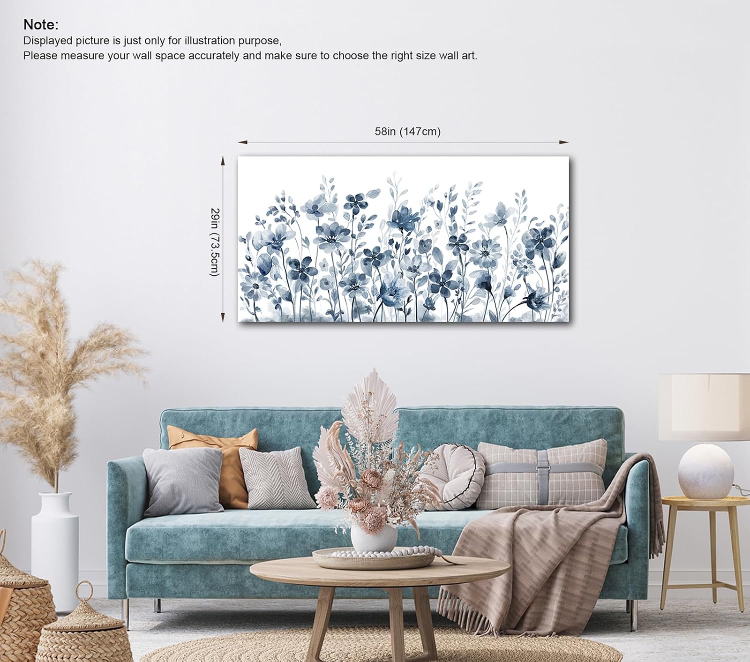 Large Flowers Wall Art for Living Room Decor Framed Art Indigo Wildflower Canvas Pictures Abstract Artwork Navy Blue Floral Canvas Prints for Bedroom Kitchen Home Office Wall Decor 29" x 58"