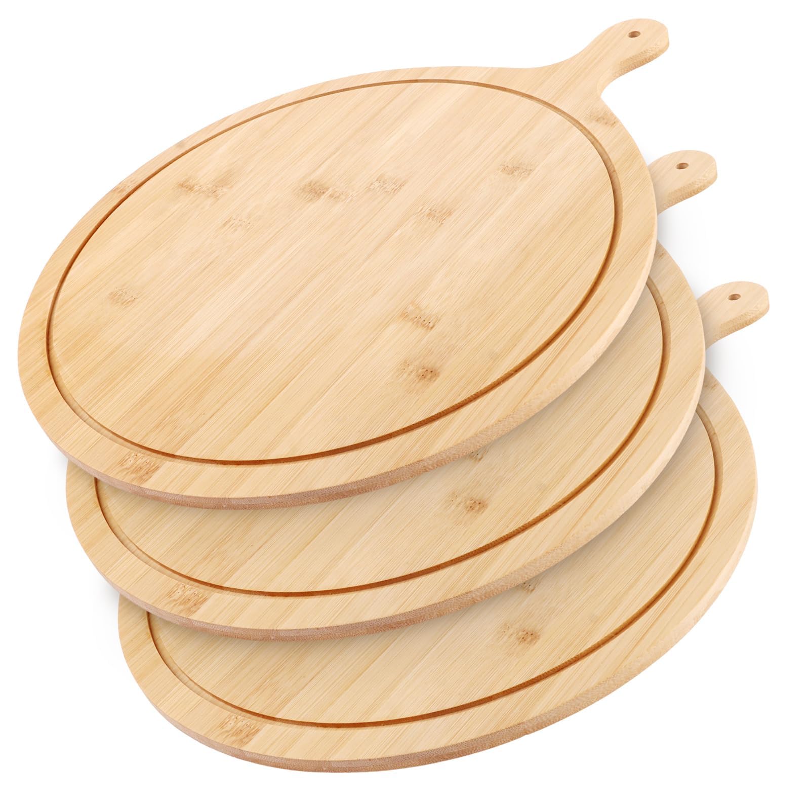 Lot de 3 Planche a Pizza en Bambou 33 cm, Plateau Pizza Rond avec Poignée Intégrée, Assiette Pizza en Bois Naturel pour Découpe, Service et Fromage