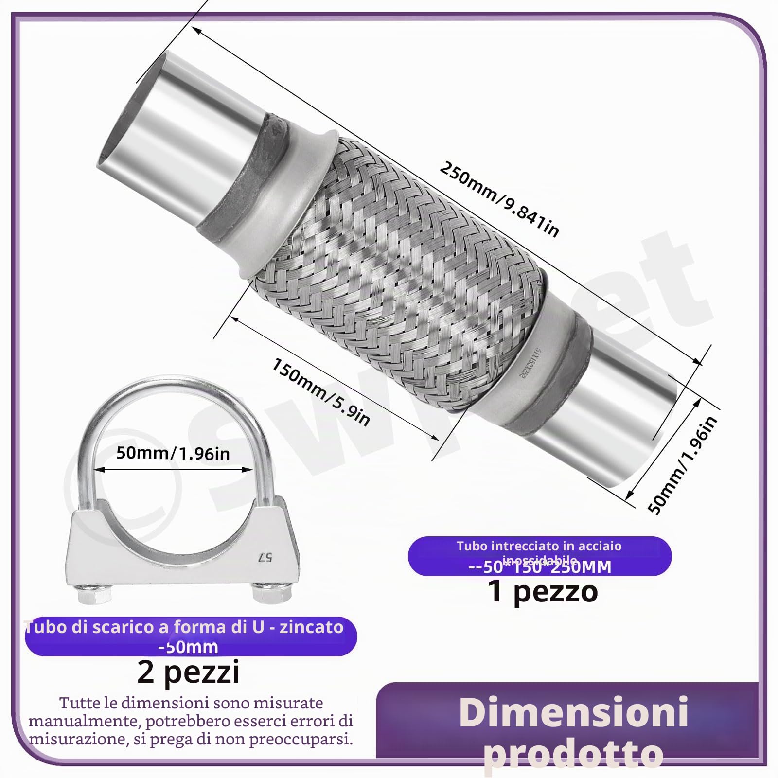 Swpeet 3 pezzi tubo di scarico 2 x 6 pollici con kit giunto di scarico 2 pollici tipo universale tubo di scarico doppio intrecciato in acciaio inossidabile per veicoli pesanti e automobili