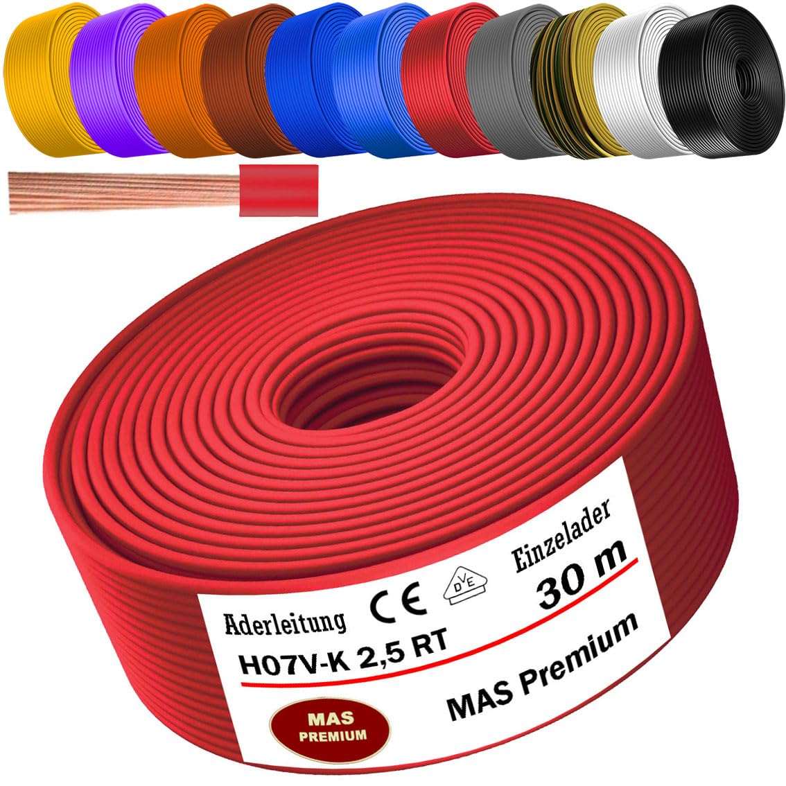 Cable de 5 a 100 m H07 V-K 2,5 mm², negro, azul claro, verde/amarillo, rojo, azul oscuro, marrón, naranja, gris, blanco, morado o amarillo, cable individual flexible (rojo, 30 m).