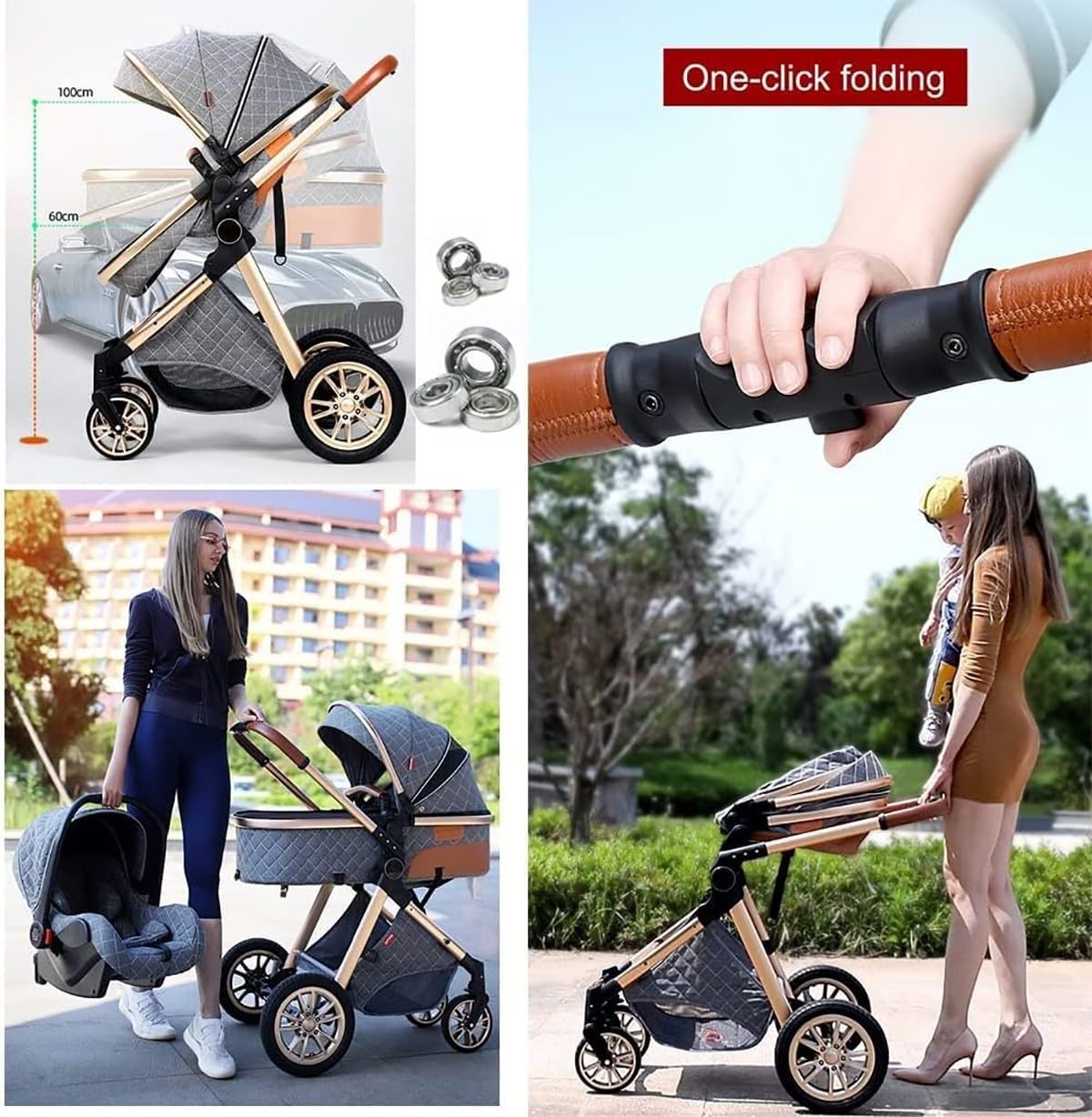 3 in 1 Baby Stroller Travel System Foldable Bassinet with Footmuff Blanket Cooling Pad Rain Cover Backpack Khaki