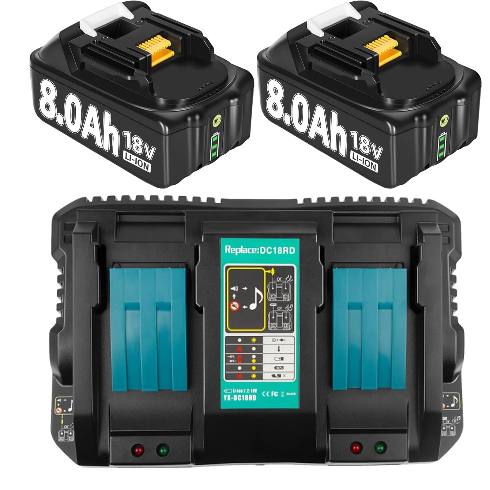 2pack 8.0Ah Replacement for Makita 18V Batteries and 6A DC18RD Dual Port Charger Compatible with Makita Battery BL1860 BL1860B BL1850 BL1840 BL1845 18Volt cordless tools with LED Indicator