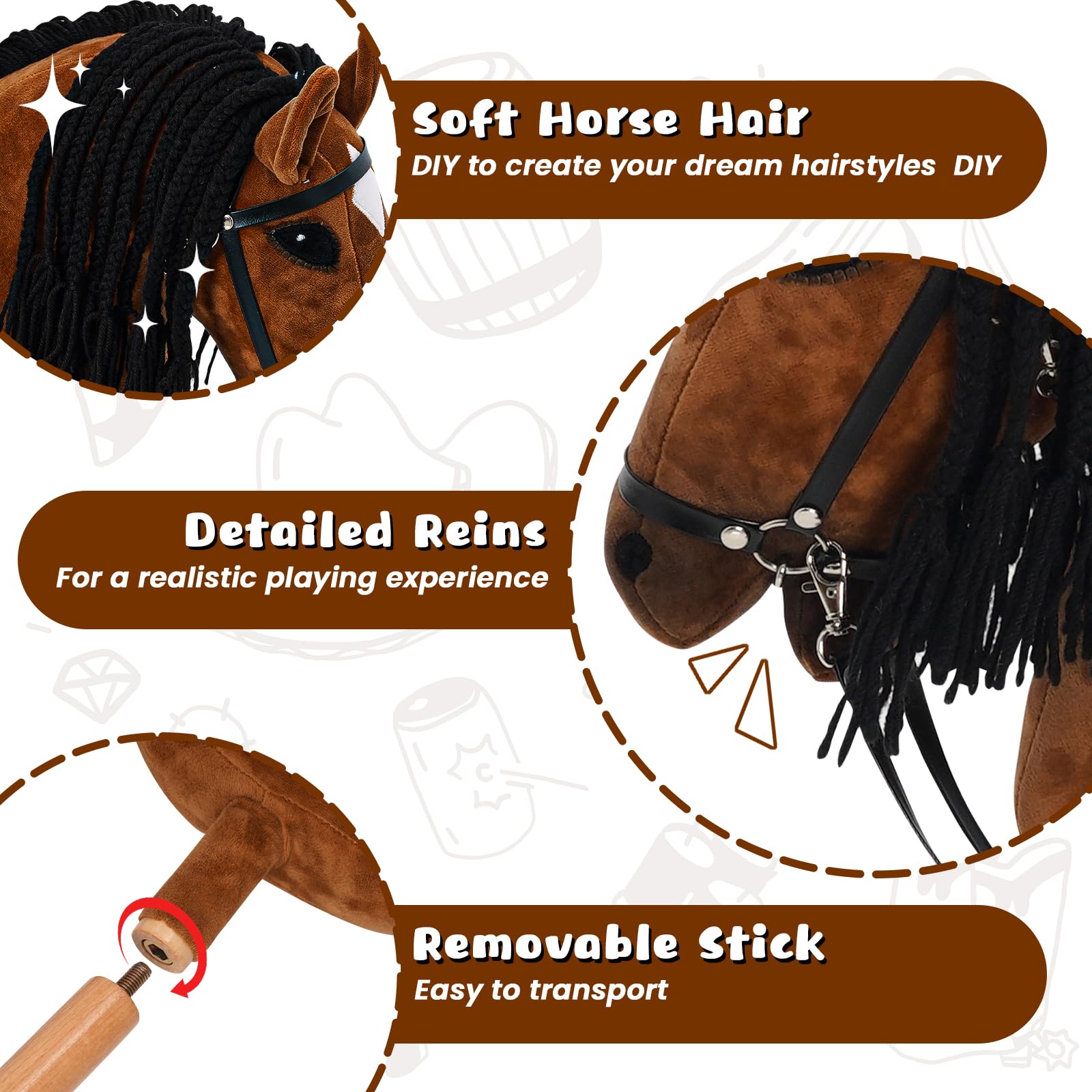Hobby Horse pour Enfants, Cheval Jouet en Bois et Peluche avec Selle et Rênes, dès 3 Ans