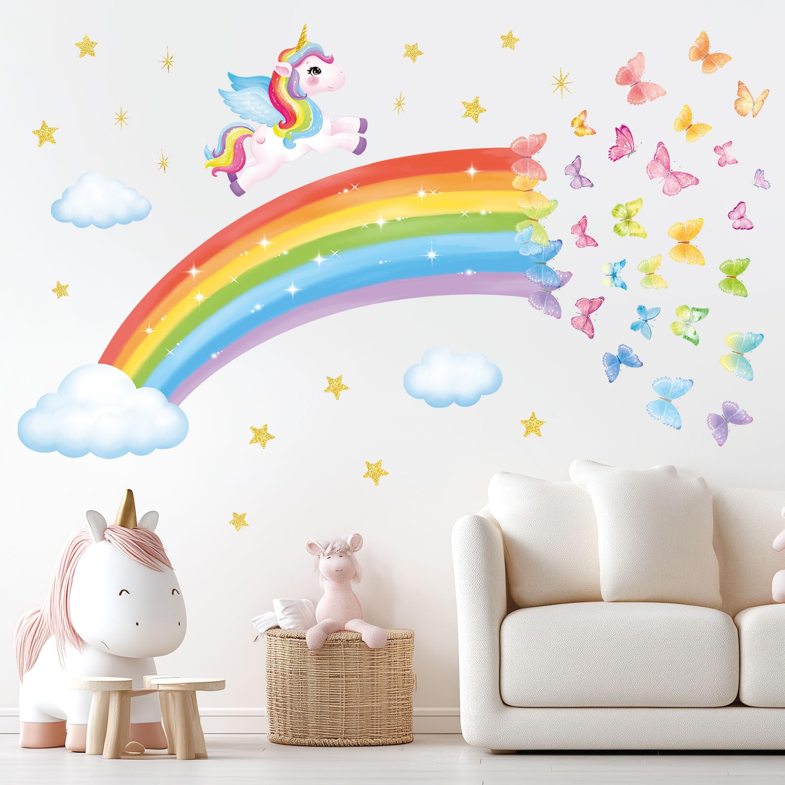 Decowall Girls Rainbow Wall Stickers For Kids – Colorful Unicorn, Butterflies & Clouds Wall Decals For Nursery, Bedroom, Room Wall Décor (Sg2-2401)