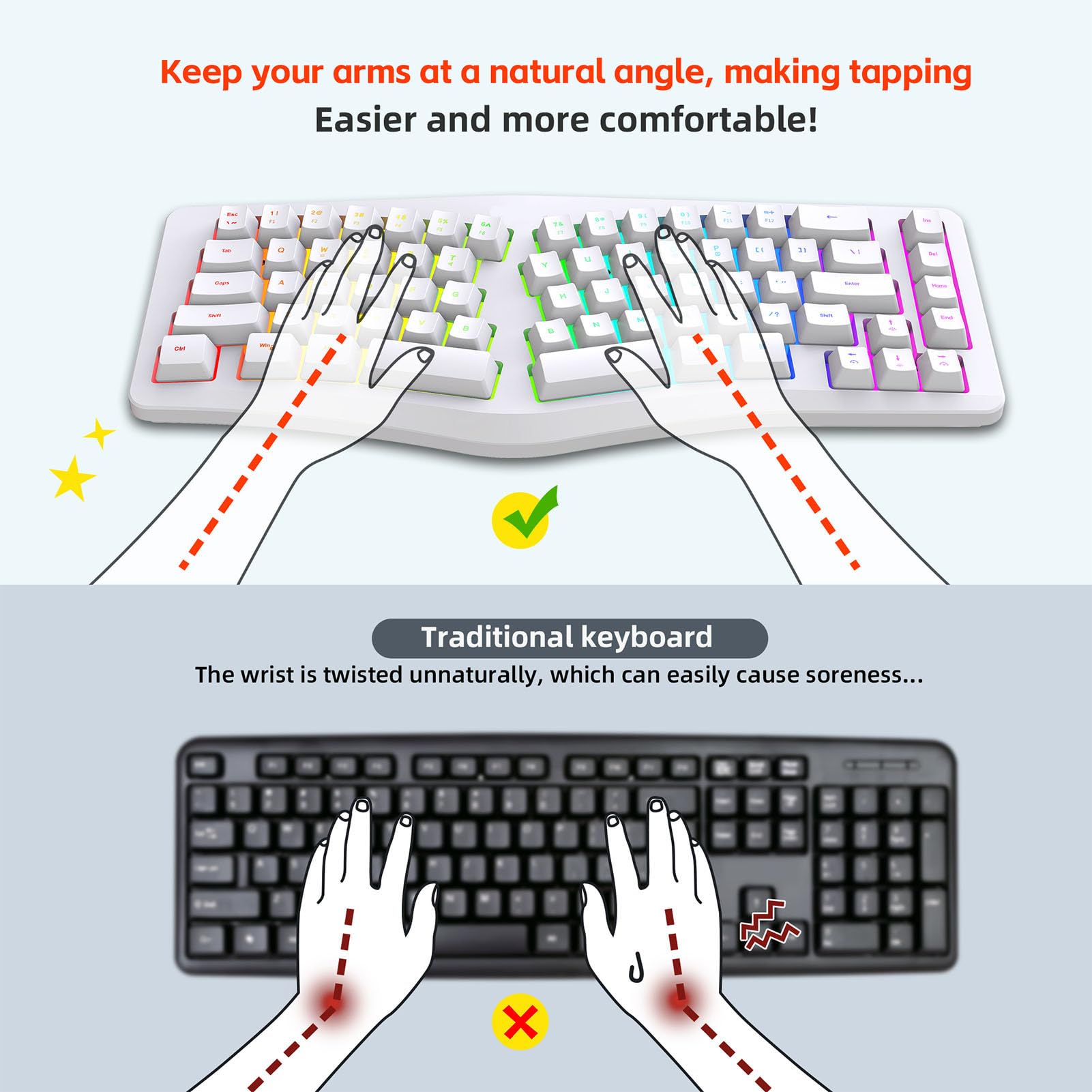 Annadue Tastiera ergonomica divisa a 69 tasti, 18 modalità RGB, USB C staccabile, tasti silenziosi, tastiera compatta cablata per/per Linux (ufficio/gioco/casa) (bianco)