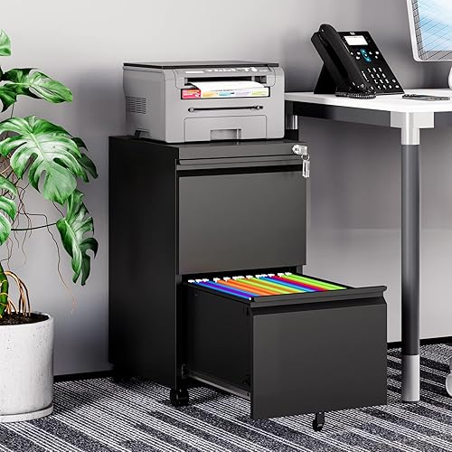 Miniatura 2 de MIIIKO Archivador de 2 cajones sobre ruedas, oficina en casa móvil debajo del escritorio con cerradura, cajones verticales para archivos legalcartaA4