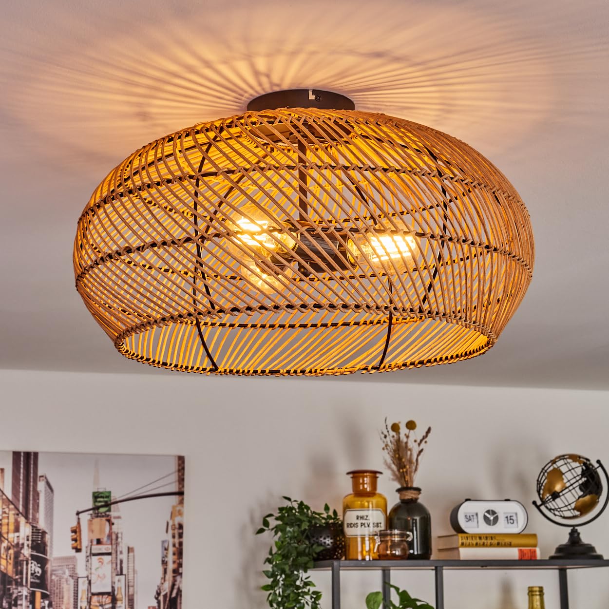 Lampa sufitowa Brandala, nowoczesna lampa sufitowa z metalu/rattanu w kolorze czarnym/naturalnym, lampa sufitowa w stylu boho ze wspaniałym efektem świetlnym na suficie, Ø 50 cm, 3-żarówkowa, 3 x E27,