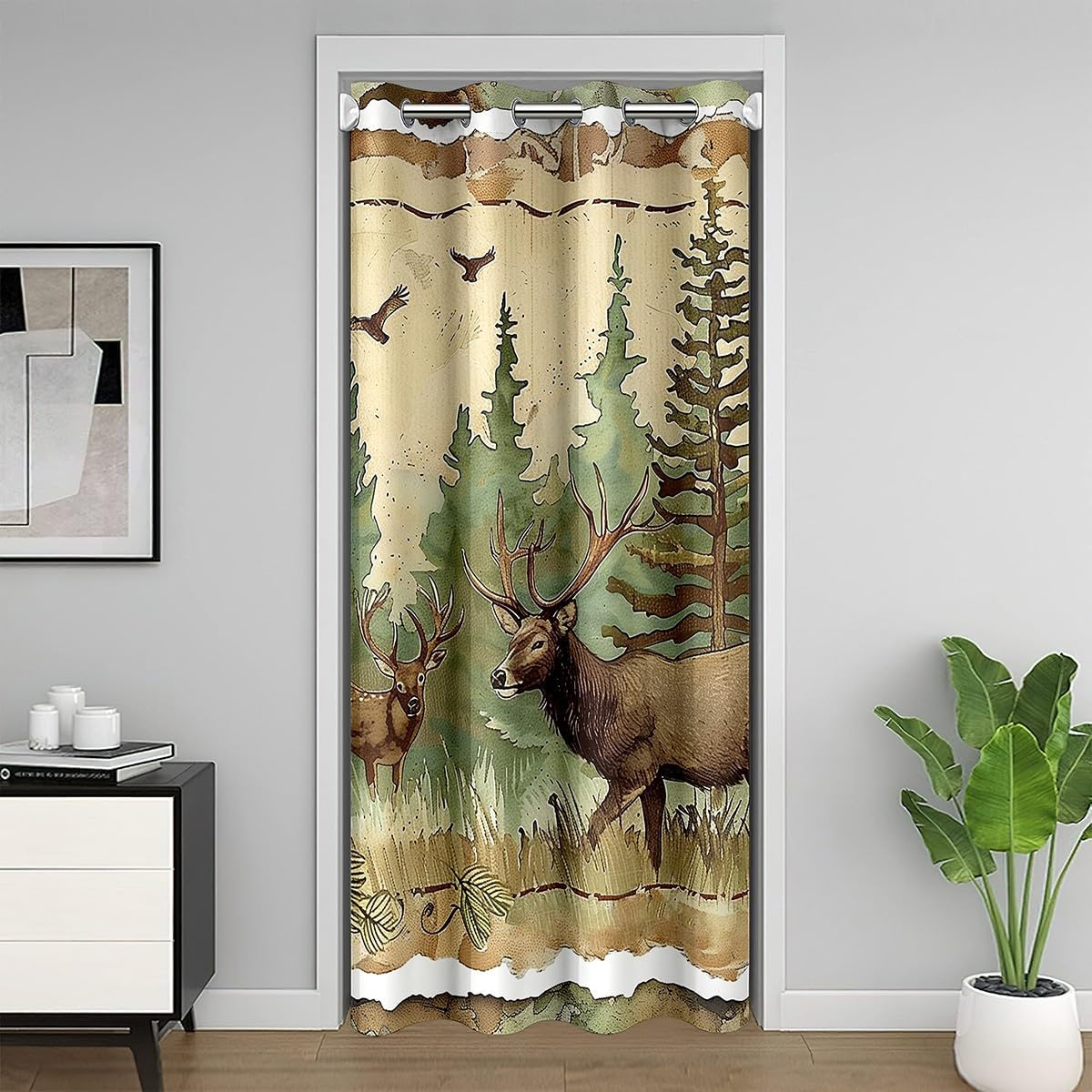 Castle Fairy Wild Elk Door Curtain Watercolor Pine Tree Blackout Curtain for Closet Door Deer Hunting Animal All Season Blackout Curtain Retro Rustic Farmhouse Door Drape 60" W X 80" L