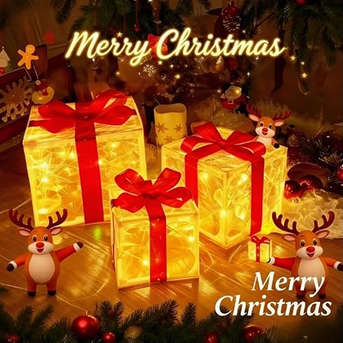 Miniatura 2 de Juego de 3 piezas de caja de regalo de Navidad roja brillante, caja de regalo de Navidad brillante de 60 LED, caja de regalo alimentada por batería,