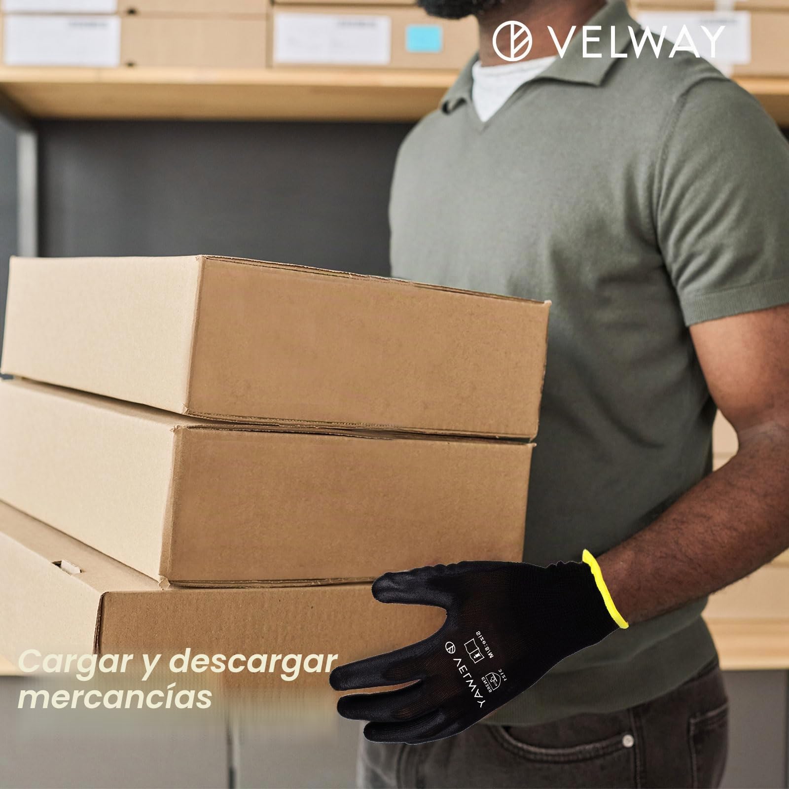 Velway 12 Pares Guantes de Trabajo - Guantes de Protéccion para Hombre Talla 8 Alta Resistencia - Recubrimiento de Poliéster PU - Versátiles Protección Mecánica Industrial Jardinería Pintura - Negro