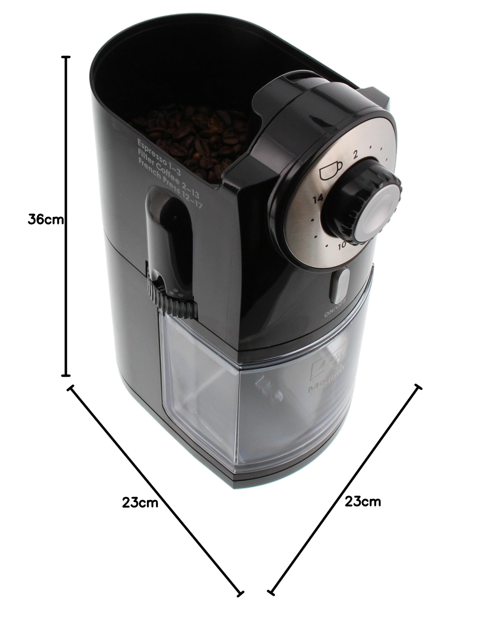 Melitta Molino Kaffeemühle – Elektrische Kaffeemühle mit Scheibenmahlwerk für bis zu 200g Kaffeebohnen, 17 individuellen Mahlstufen, für 2–14 Tassen Kaffee, schwarz
