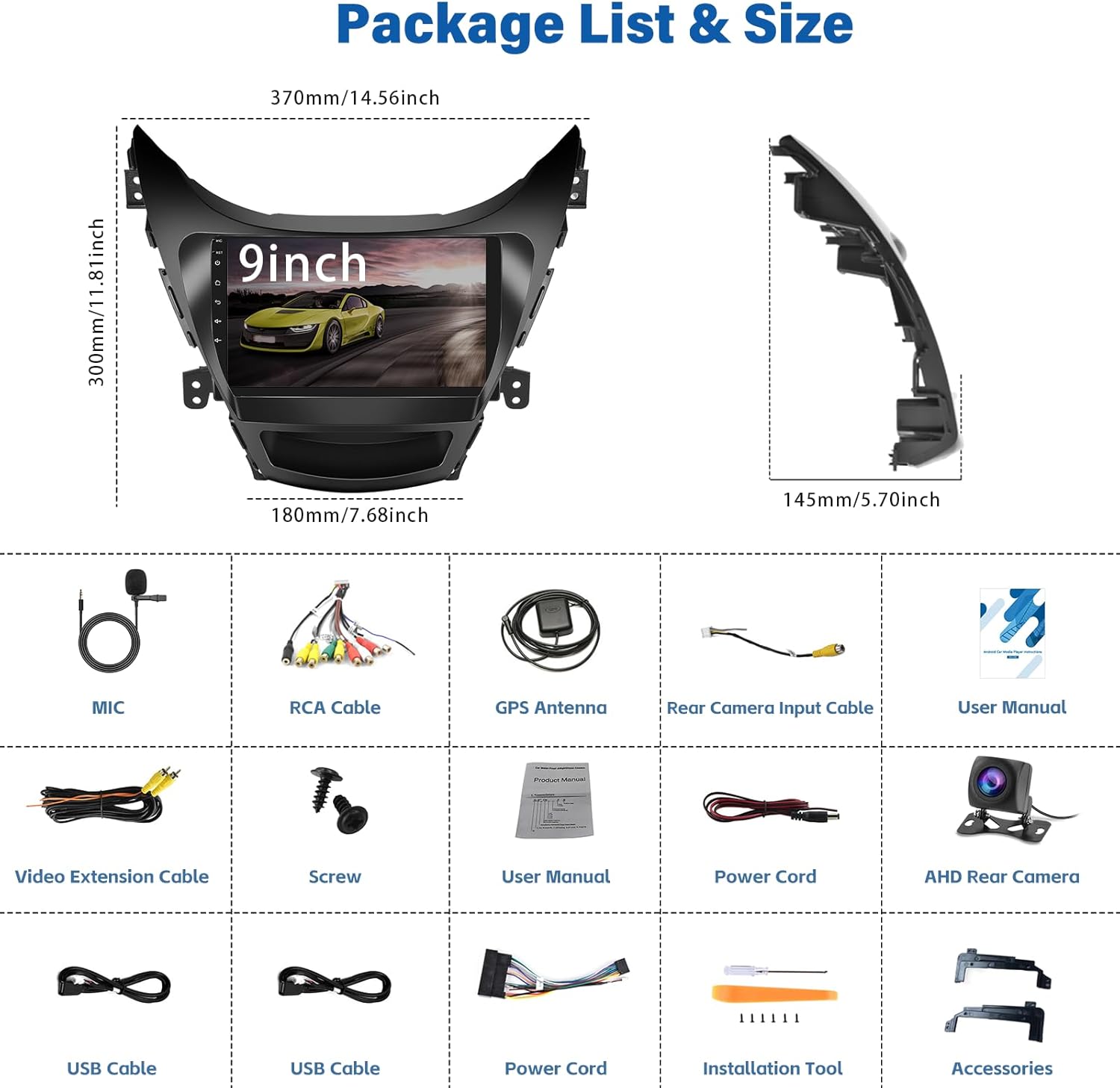 Android 15 Car Stereo for Hyundai Elantra 2011 2012 2013 Radio Wireless CarPlay Android Auto,2G+64G 9” HD Touchscreen Bluetooth FM/RDS GPS Navigation/WiFi/SWC+ AHD Backup Camera & MIC