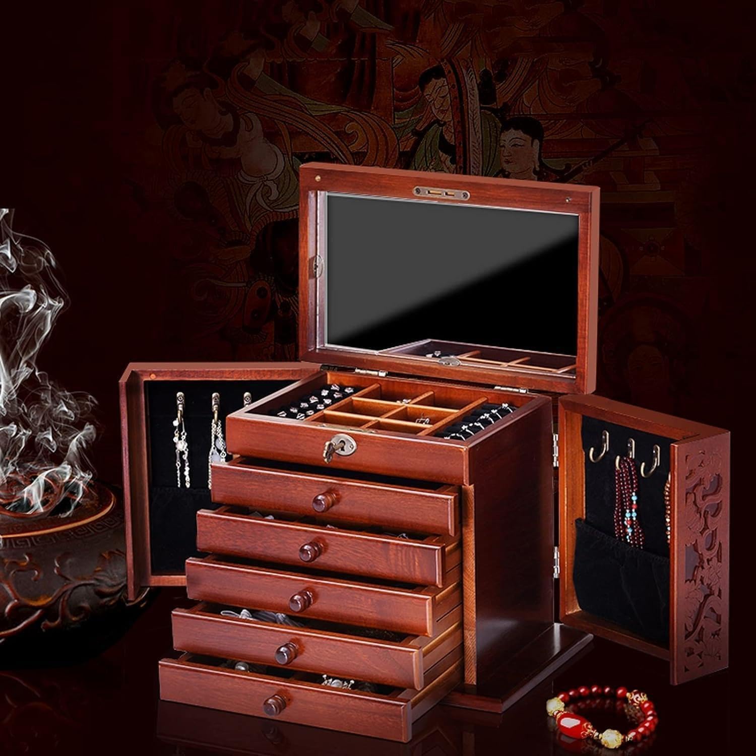 Joyero de Madera para Mujer, 6 Niveles, Joyeros Organizador Grande con 5 Cajones, Espejo & Cerradura, Caja Joyero para Joyas, Jollares, Anillos, Alhajero, Relojes de Estilo Vintage (Walnut)