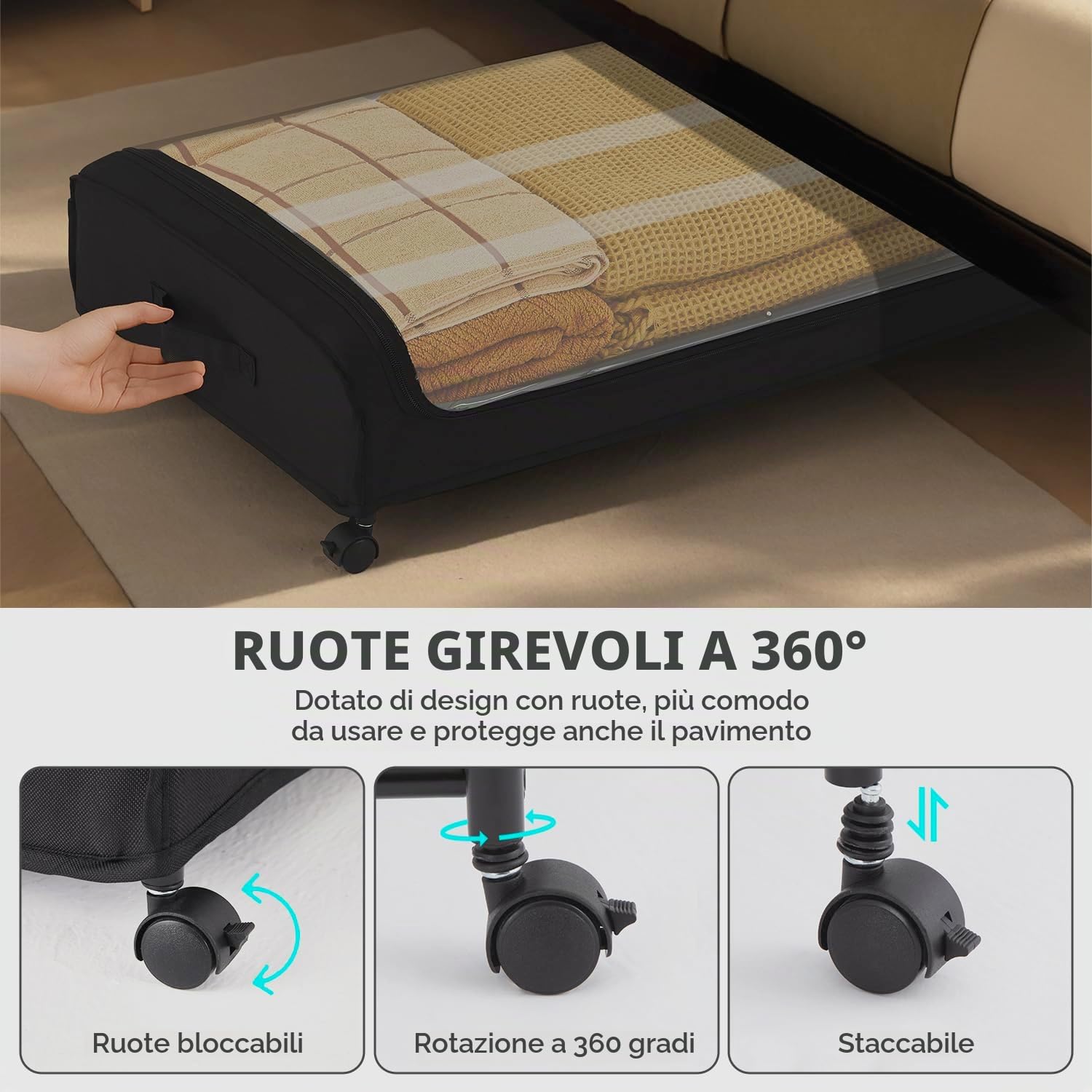 3 Pezzi Contenitore Sottoletto Con Ruote, Contenitori Sottoletto Con Quattro Rotelle Girevoli A 360° Organizer Sotto Letto Contenitore Vestiti Telaio In Metallo Per Asciugamani, Vestiti (Nero)