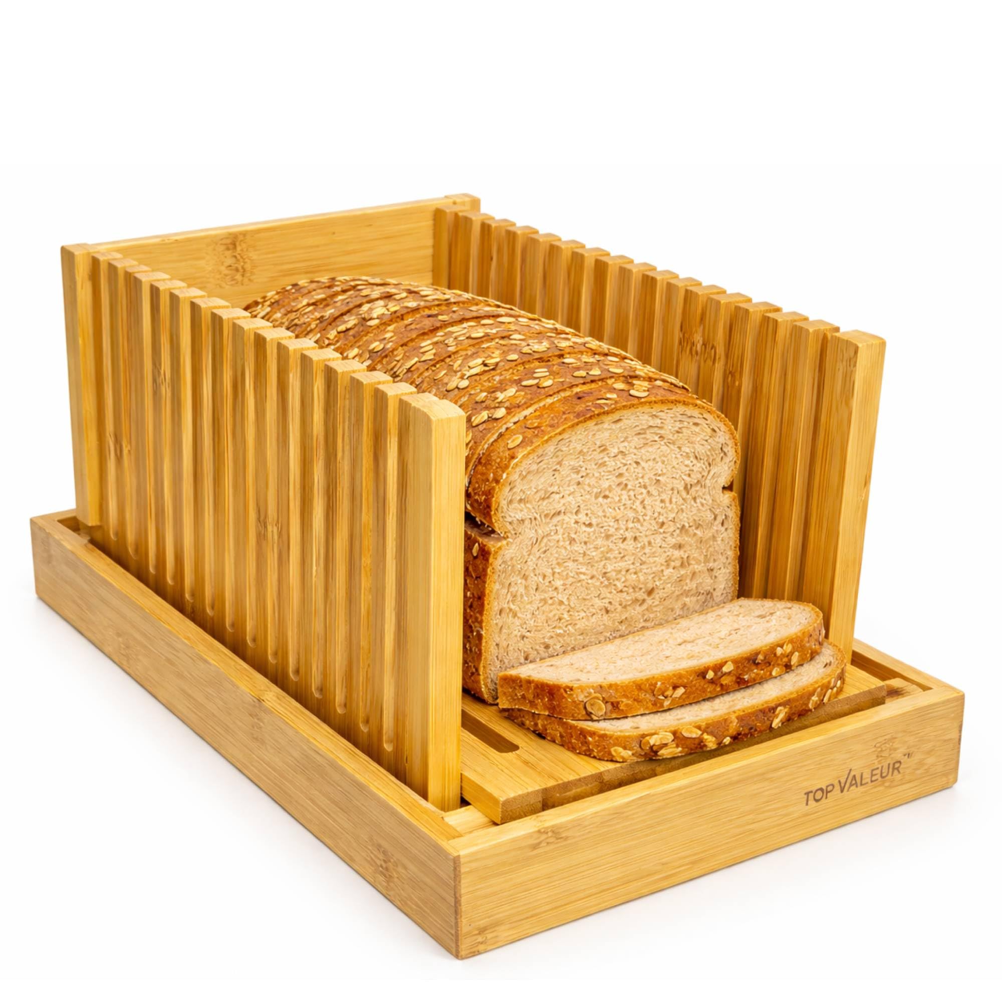 Topvaleur Foldable Bamboo Bread Slicers for Homemade Bread, Bread Cutter, Wooden Bread Cutting Board, Cutting Knife Guide for Cakes, Bagels & Loaves, Foldable Compact