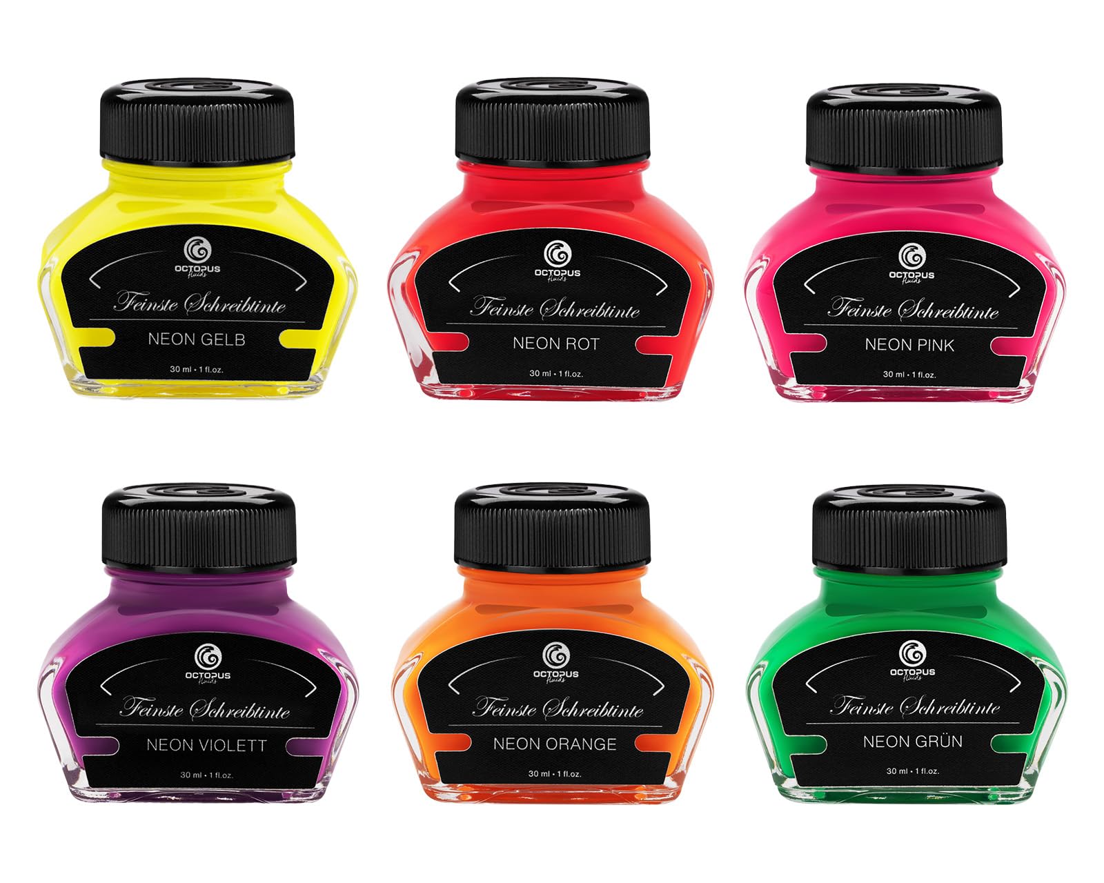 Octopus Fluids Neon-Textmarkertinte für Füllhalter, 6 x 30 ml | Sechs Neonfarben, pigmentiert und lichtecht, zum Markieren und Schreiben, fluoreszierend unter UV-Licht