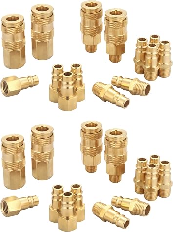 Brass 1/4 Inch NPT High Flow Air Coupler and Plug Kit | Air Hose Quick Connect Adapter, V Style, Air Compressor Fittings, 28 Piece