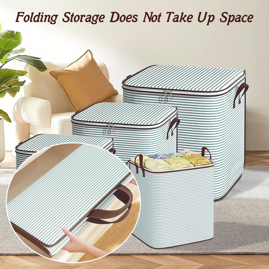 Large Clothes Storage Bins, 4 Pack Foldable Blanket Storage Bags, Storage Containers for with Reinforced Handle and Zippers for Bedroom, Closet, Comforters, Pillows, Toys