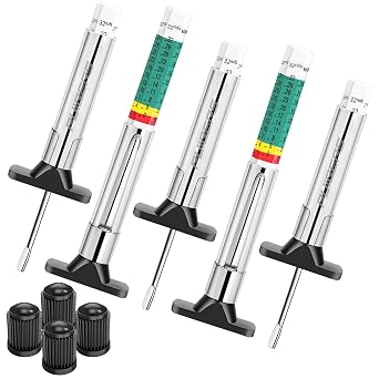 5PCS Professional Tire Tread Depth Gauges1/32" & 25mm, PUIBERS Tire Gauge Tools Ideal for Cars, Trucks & Motorcycles. Six-Sided Dual Scales Design for Tire Wear Checker
