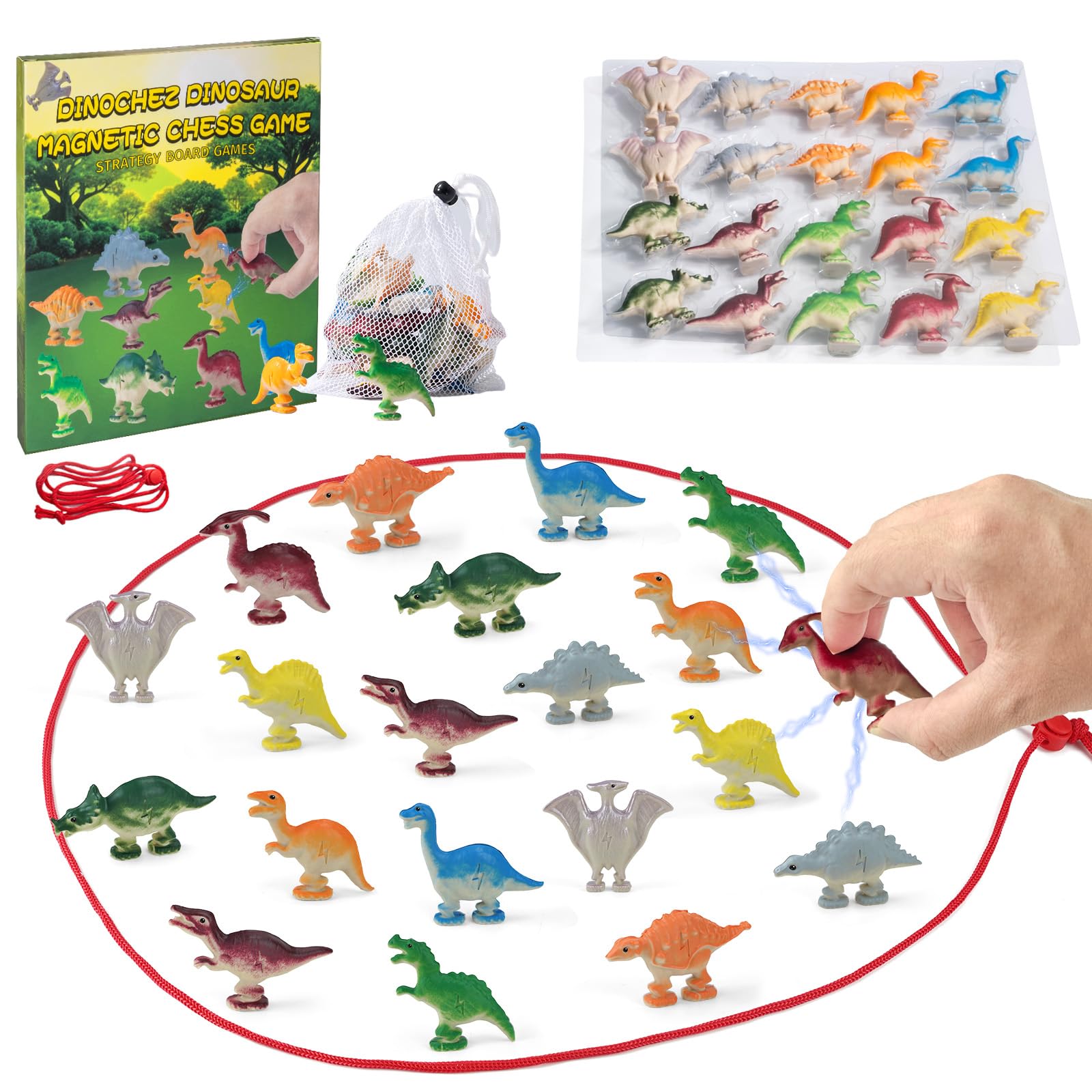 Dinochez Dinosaur Magnetic Chess Game Set 2025, 20 Pcs Dinosaur Stones, 1 String & Portable Storage Bag, Strategy Board Games Chess Set Kids Games Christmas Family Games Night