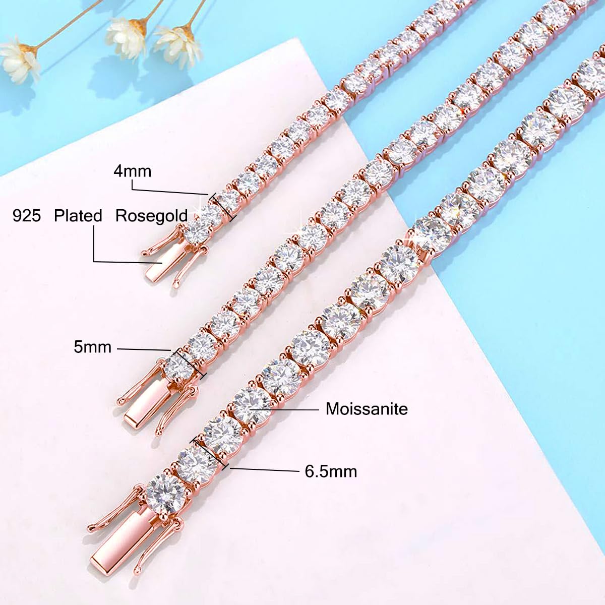 LYGBAOFUL Armband Echt vergoldetes Roségold-Moissanit-Diamant-Tennisarmband für Damen, Silber 925, Hochzeitsaccessoires, edler Schmuck (Gelbgold, 22 cm, 3,0 mm, 0,1 Karat)
