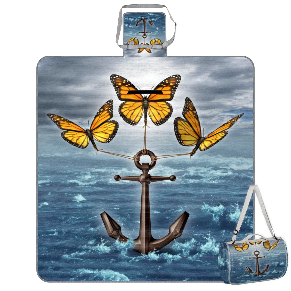 Shimoshe Picnic Blankets 57”x 59”, Butterfly Ocean Anchor Waterproof Sandproof Picnic Mat Lightweight Foldable Beach Blanket for Camping Park Grass Beach Outdoor Blanket