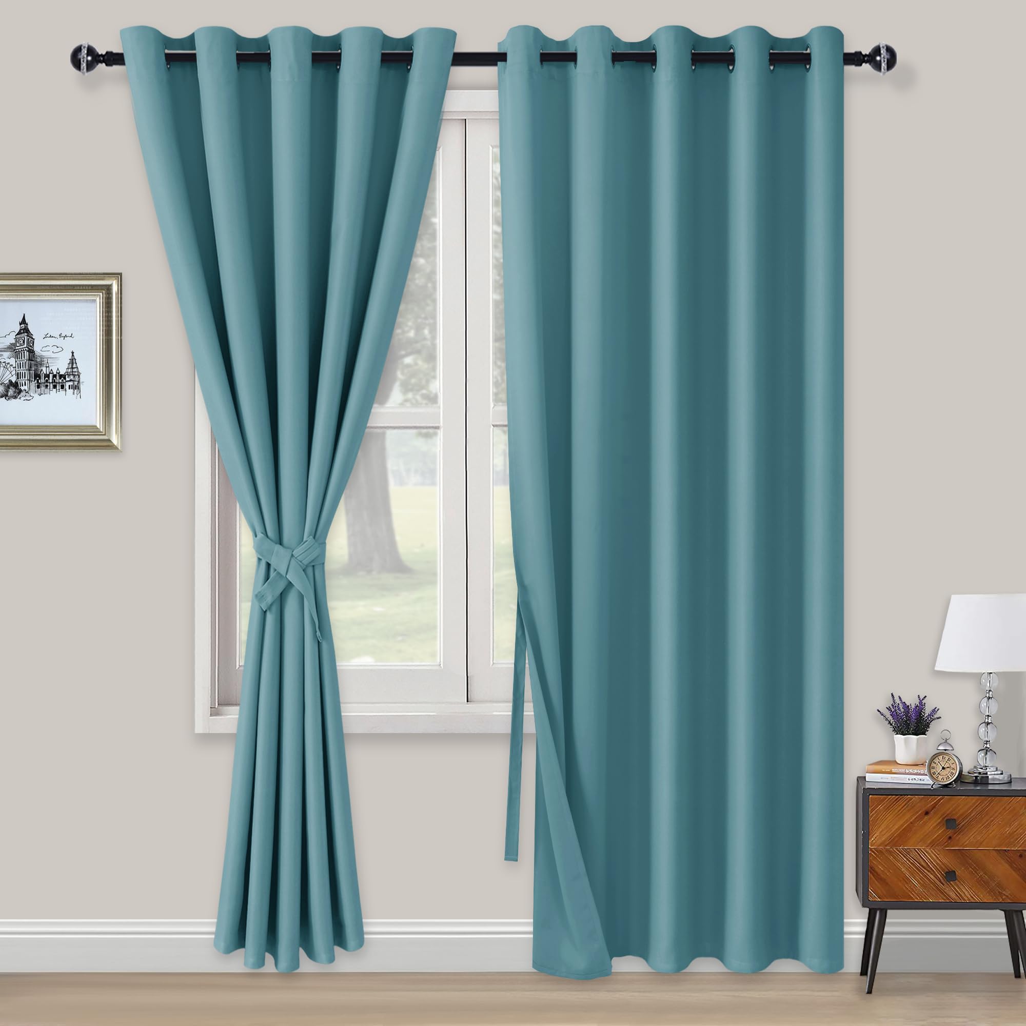 XWZO Blackout Curtains Shades Window Curtain Panels with Tiebacks- Noise Reduction and Thermal Insulated Eyelet Curtains for Bedroom,Living Room,Office,Study Room Turquoise W66xL90