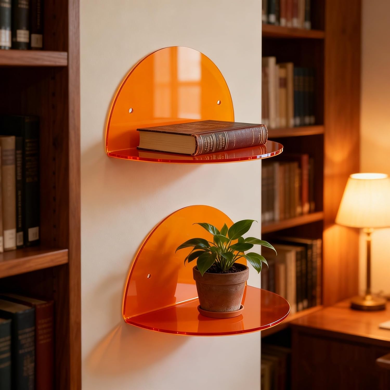 ROYALITA Small Acrylic Shelves Room Decor Floating Shelves (2-Pack, 8-inch Diameter) - Wall Mounted Display Stand for Plants, Toys, Makeup, and More - Ideal for Home and Office, Orange