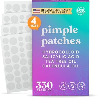 LivaClean 330 Hydrocolloid Pimple Patches w/Salicylic Acid, Tea Tree & Calendula Oil - 4 Sizes for Face Acne & Blemishes