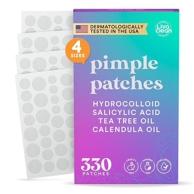 LivaClean Tiras Hidrocoloides para o Rosto com Ácido Salicílico, Óleo de Melaleuca e Óleo de Calêndula, Quatro Tamanhos, Pacote com 330