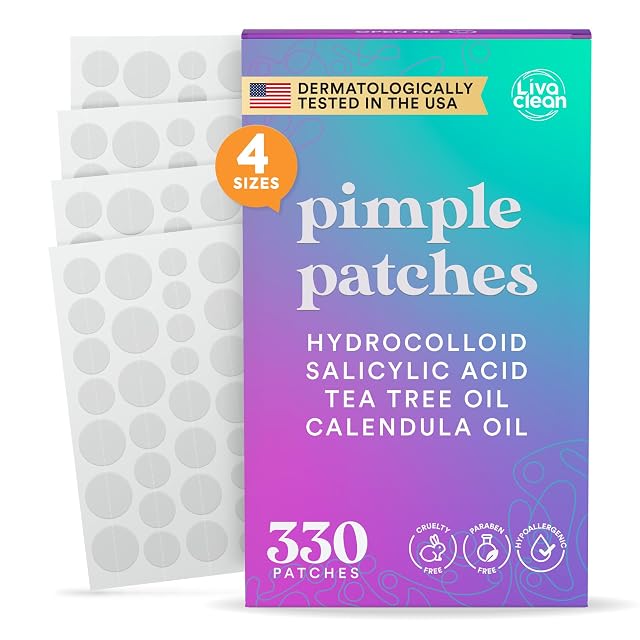 LivaClean 330 CT Pimple Patches for Face w Salicylic Acid Tea Tree Oil Calendula Oil - Four Sizes