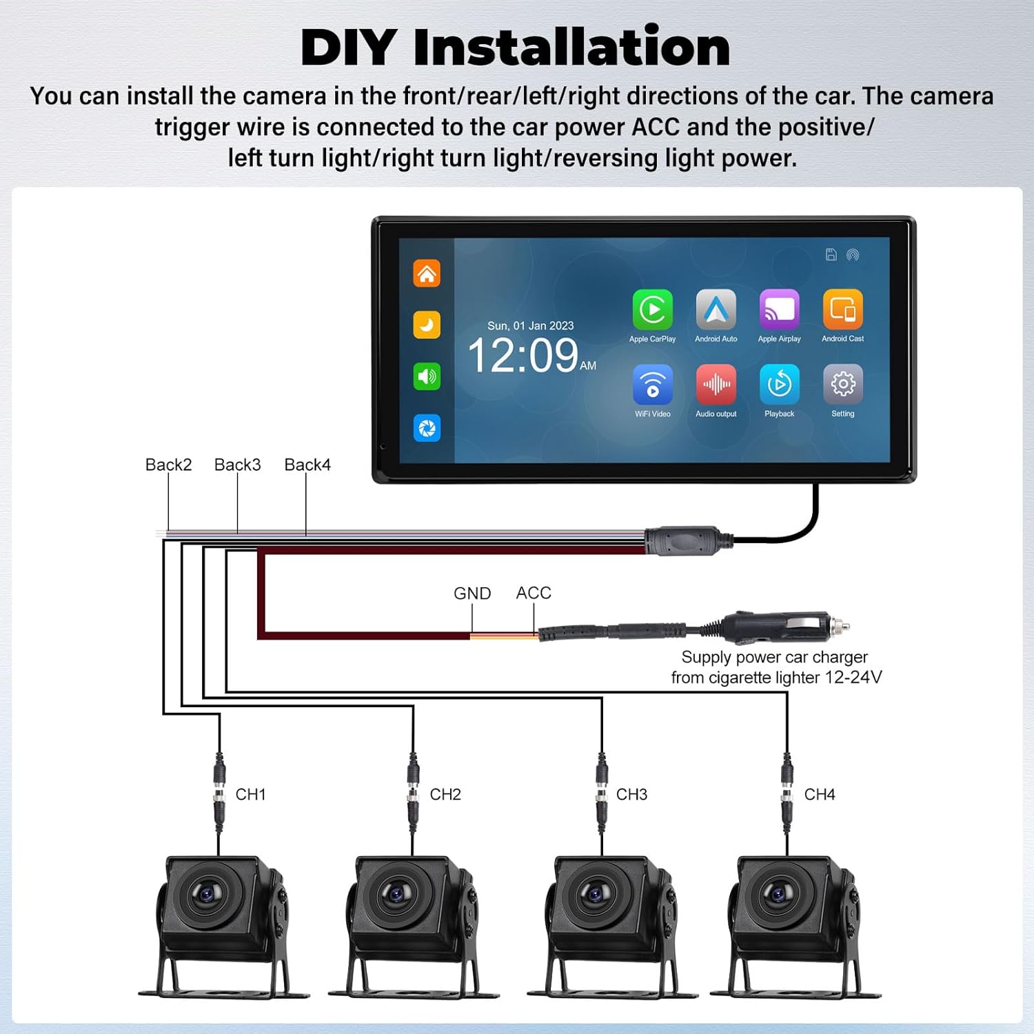 1080P 4K RV Backup Camera System Portable Wireless Apple Carplay/Android Auto Mirror Link Smart Player 10.36 inch Touchscreen Reverse Monitor DVR Loop Recording 4 Split Screen Bluetooth USB TF
