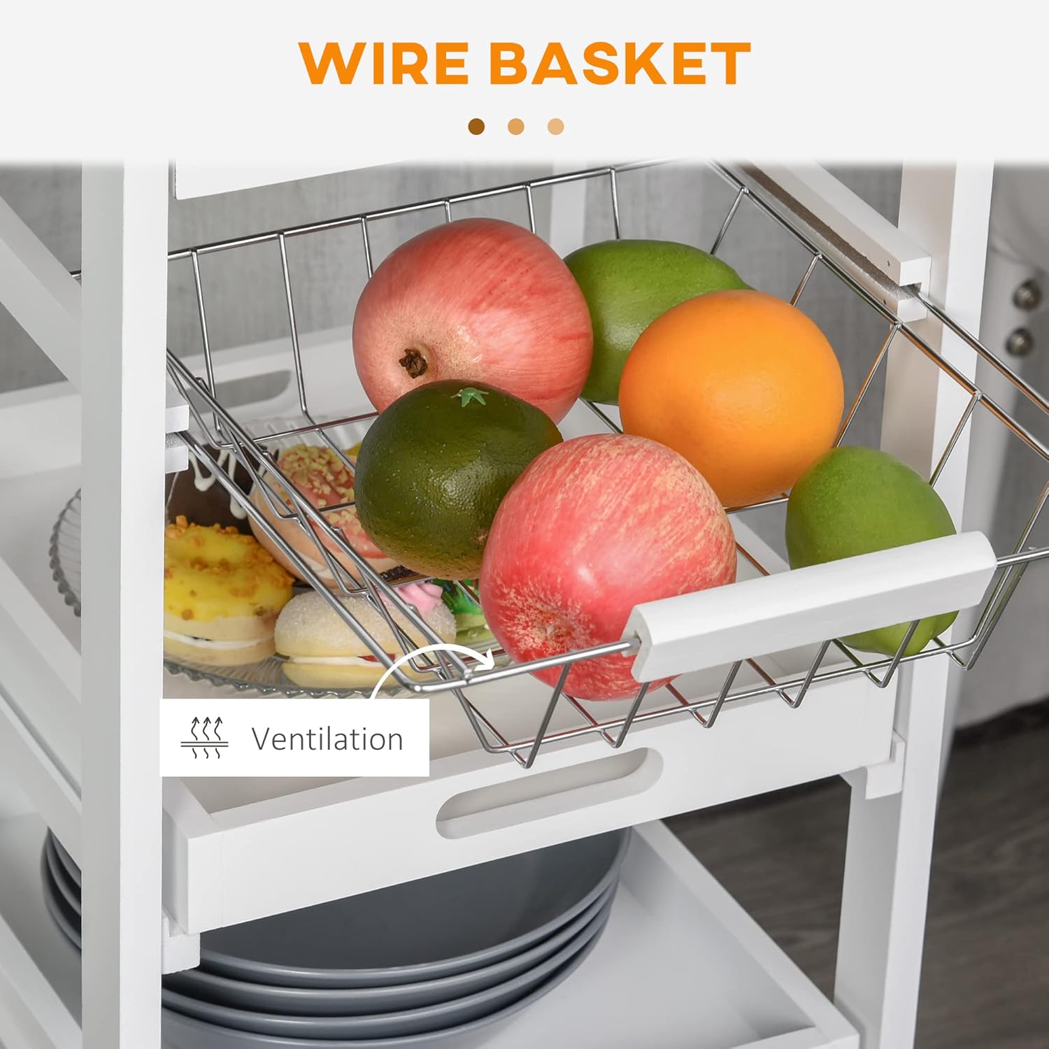White Mobile Kitchen Cart with Solid Wood Frame Rolling Kitchen Island Storage Utility Cart with Wire Fruit Baskets Trays and Drawer for Home Kitchen Organization