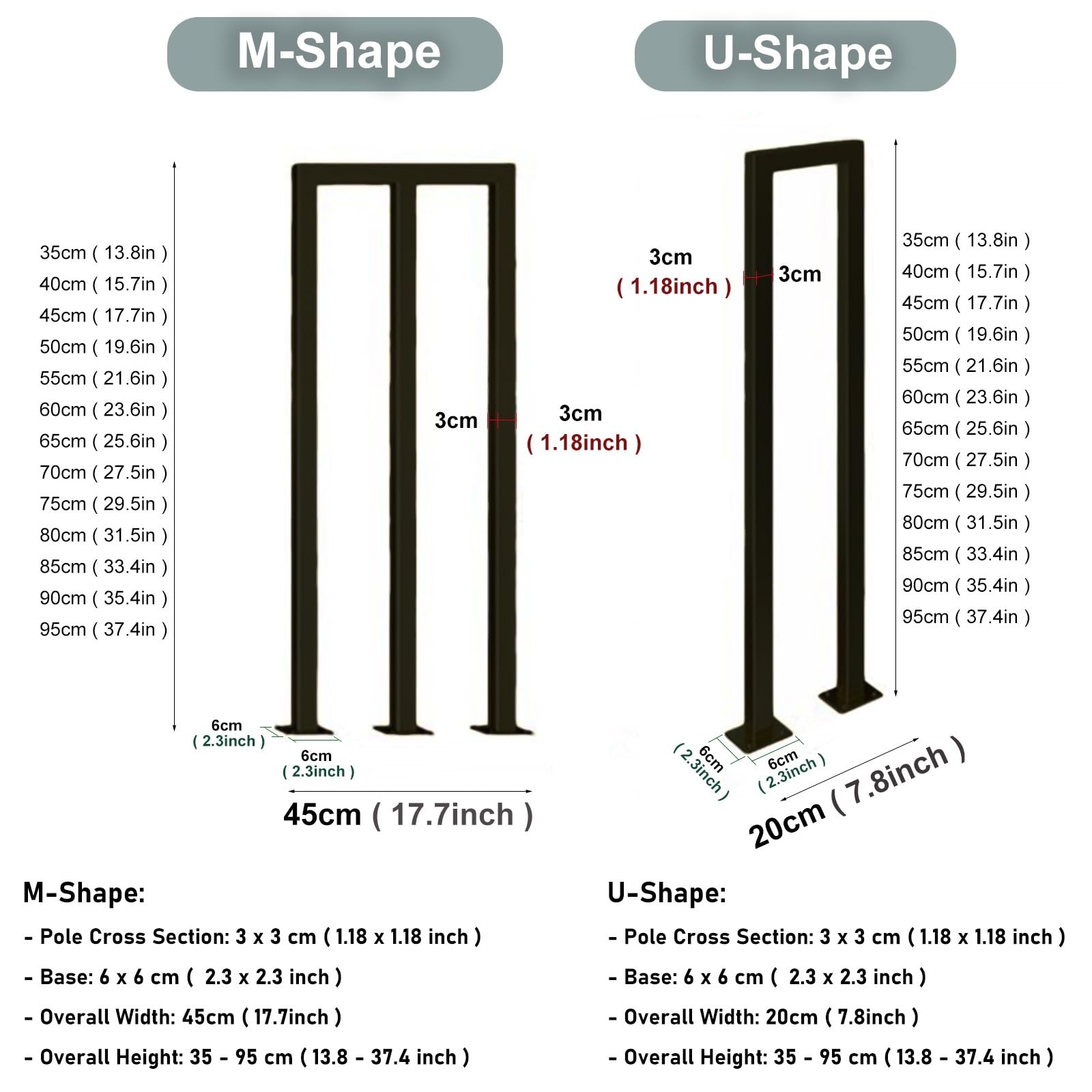 Balustres en Fer Noir en Forme de U, Style Industriel, pour Rampe d'escalier et Garde-Corps, Lot de 2, 70 cm (27,5 Pouces), idéal pour Porche, terrasse, intérieur et extérieur.
