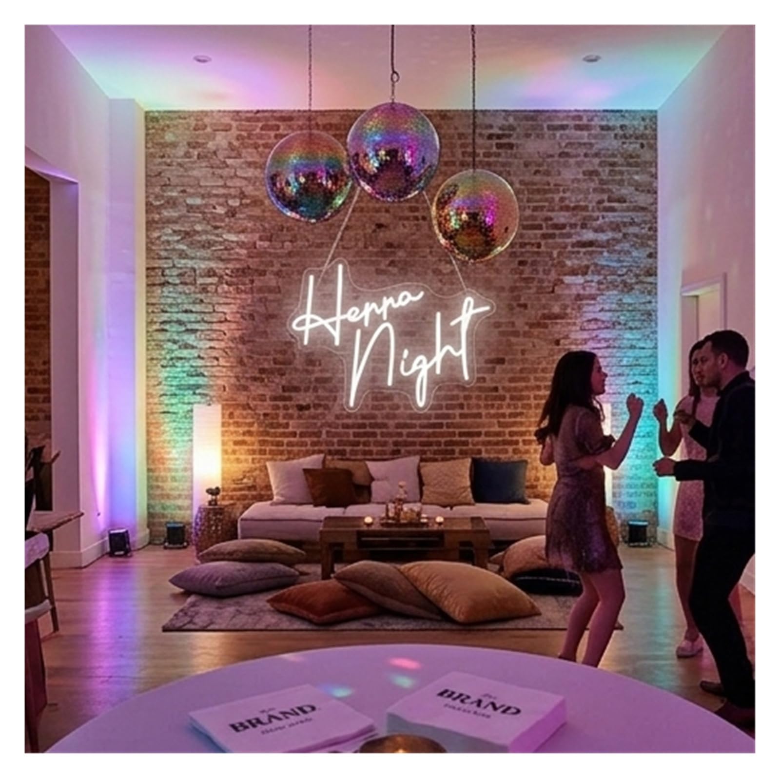 LED néon signe Enseigne Lumineuse Henna Night À Intensité Variable Alimentée Par USB Pour Décoration De Mariage, De Fête Prénuptiale, De Fiançailles(B,50X38cm)