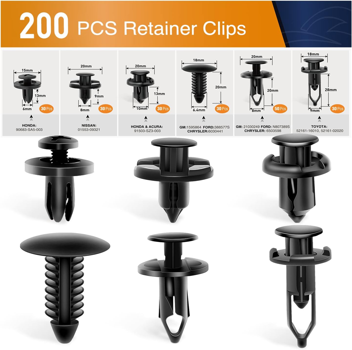 GRC-47 Universal Plastic Fender Clips,200 Pcs Push Bumper Fastener Rivet Clips with 6 Size Auto Body Retainer Bumpers,Car Replacement for GM, Ford & Ch