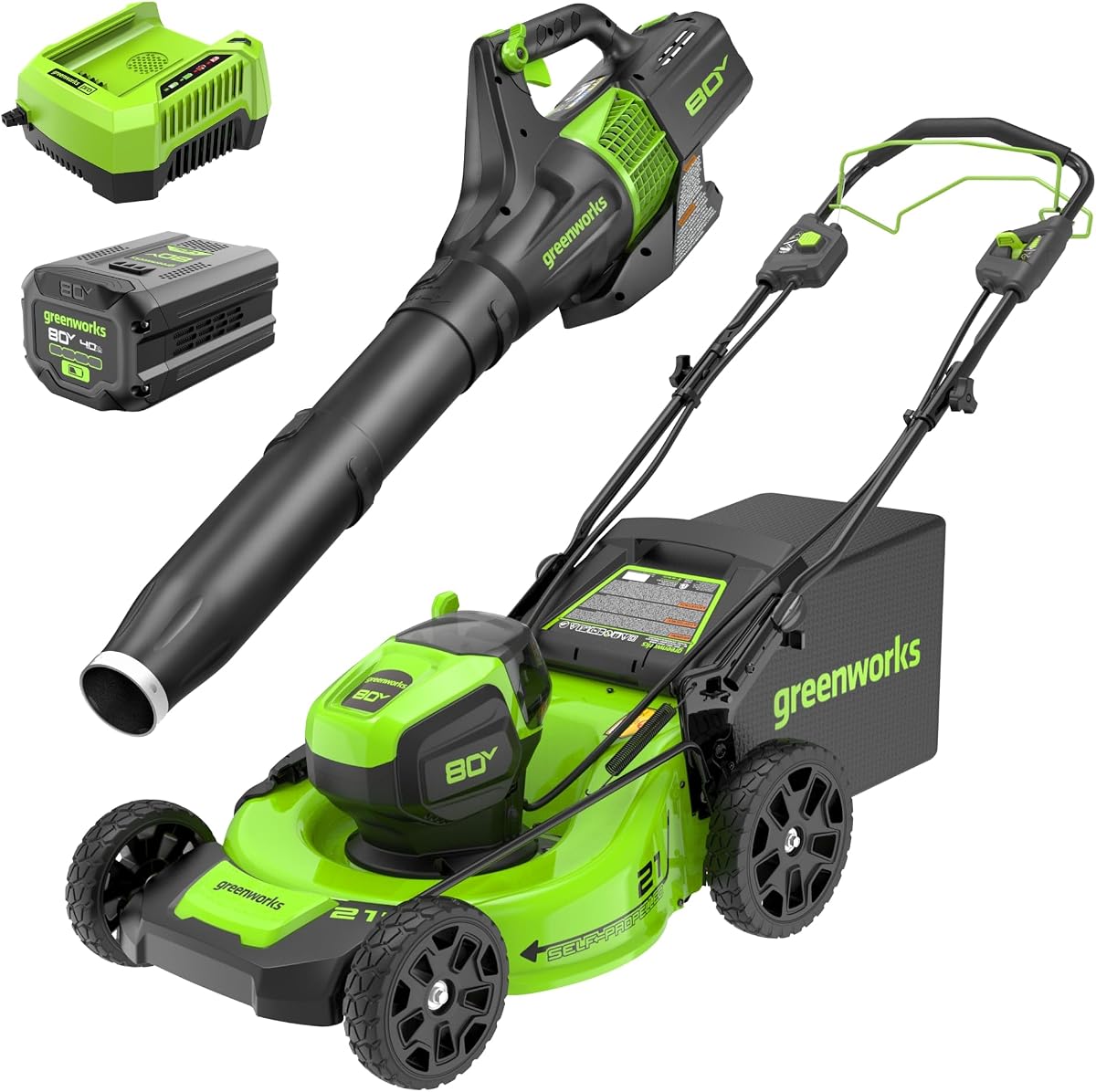 Greenworks Cortacésped eléctrico inalámbrico (autopropulsado) de 80 V, 21 pulgadas, soplador de hojas axial (580 CFM) (más de 75 herramientas compatibles), batería de 4 Ah y cargador rápido de 60 minutos, verde y negro